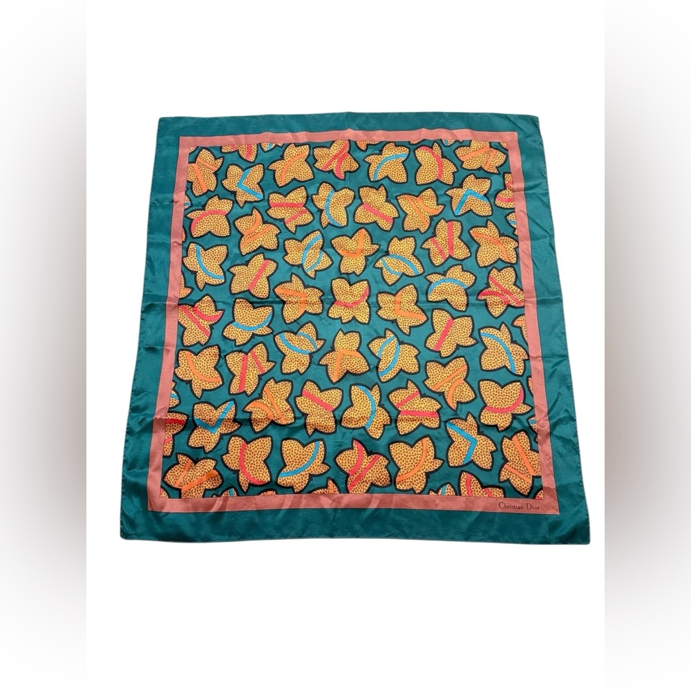 Christian Dior Vintage Abstract Autumn Leaves Silk Scarf in Teal - Picture 3 of 7